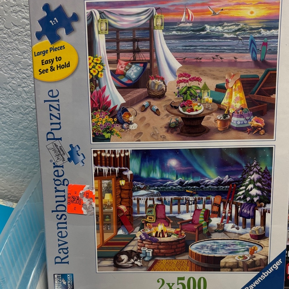 Ravensburger Puzzle Set - 2x500 Pieces. Coastal and Cabin Retreat. New in box.
